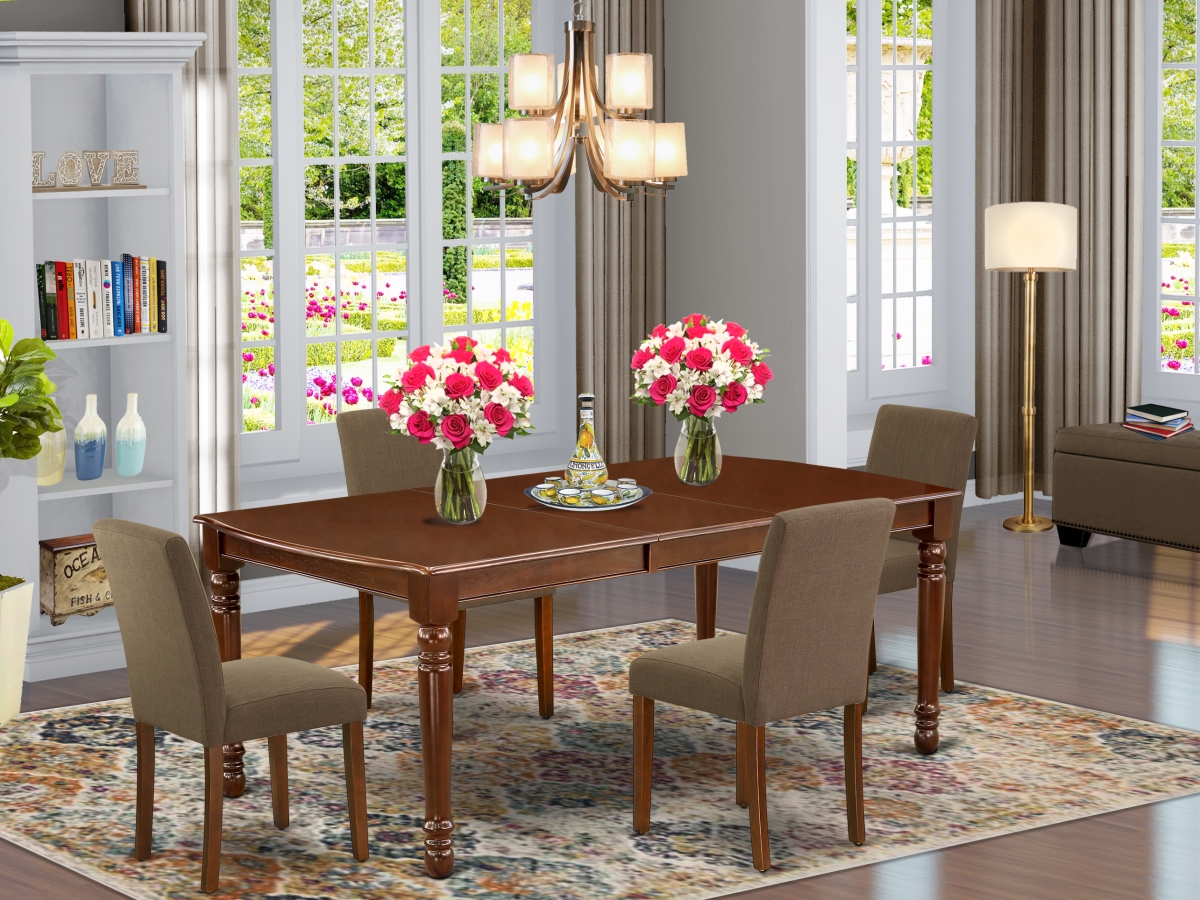 60-78 in. Dover Rectangular Table with 18 in. Leaf & Four Parson Chair with Mahogany Leg & Linen Fabric - Coffee, 5 Piece