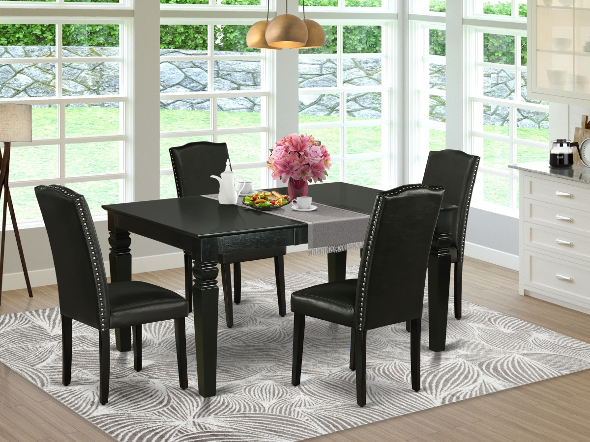 42-60 in. Weston Rectangle Kitchen Table with 18 in. Self Storing Butterfly Leaf & Four Parson Chair with Black Leg & Pu Leather - Black, 5 Piece