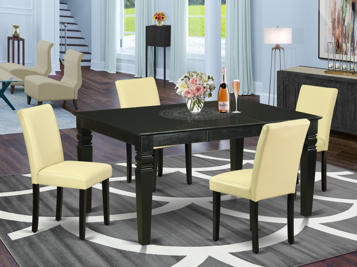 42-60 in. Weston Rectangle Kitchen Table with 18 in. Self Storing Butterfly Leaf & Four Parson Chair with Black Leg & Pu Leather - Eggnog, 5 Piece