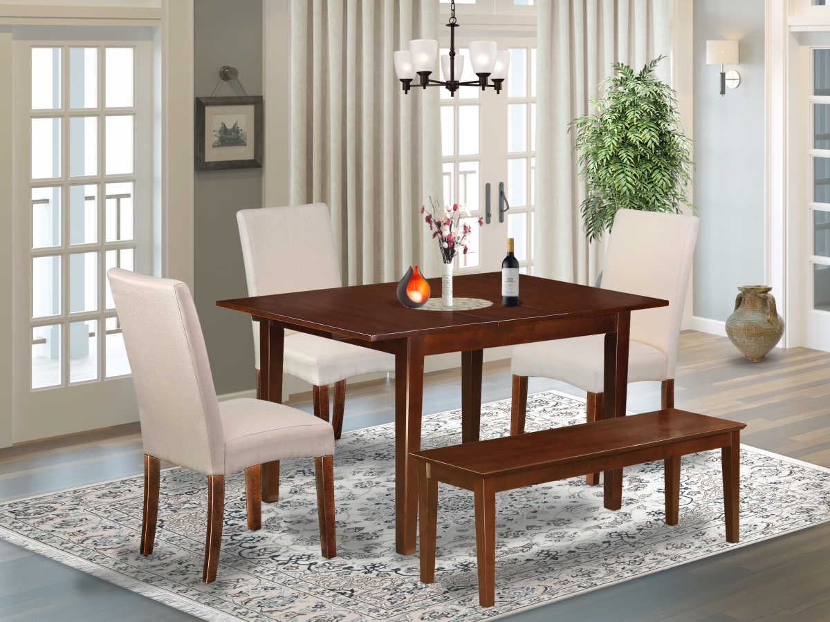 42-54 in. Milan Rectangle Dining Table & 2 Parson Chair with Mahogany Leg & Linen Fabric - Cream Plus 2 Bench, 7 Piece