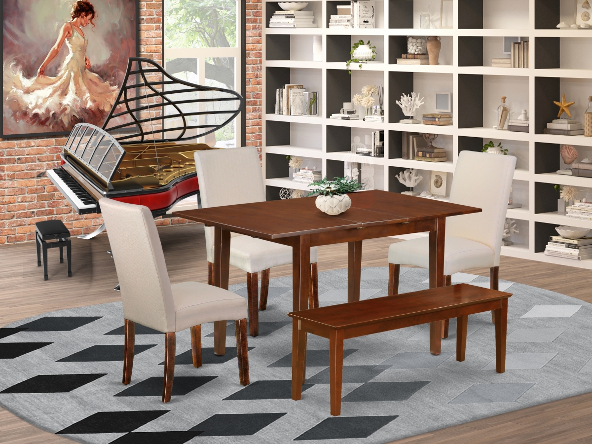 PSDR5C-MAH-01 48-60 in. Picasso Rectangle Dining Table & 2 Parson Chair with Mahogany Leg & Linen Fabric Plus 2 Bench - Cream, 7 Piece