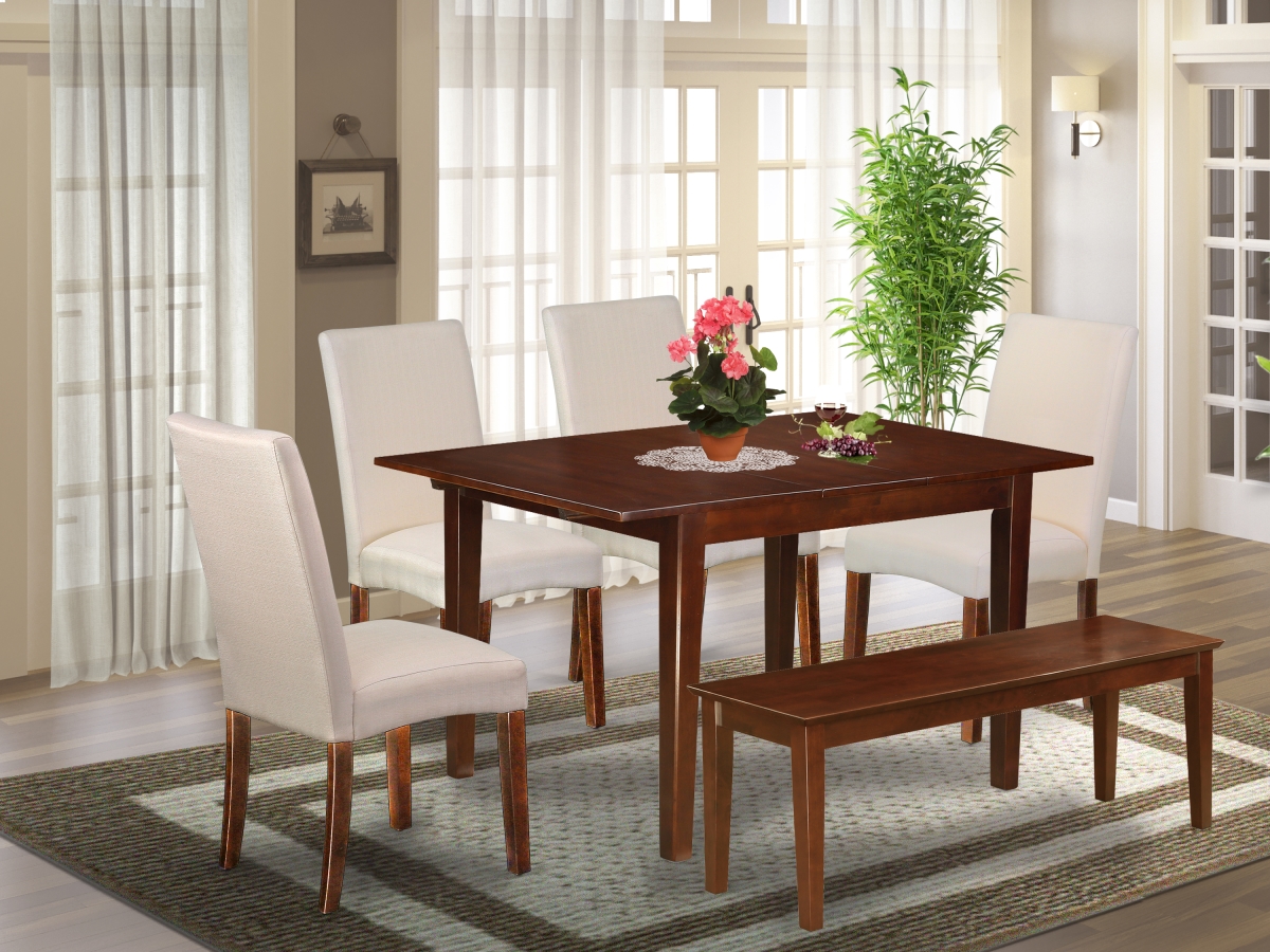 42-54 in. Milan Rectangle Dining Table & 4 Parson Chair with Mahogany Leg & Linen Fabric - Cream Plus 1 Bench, 7 Piece