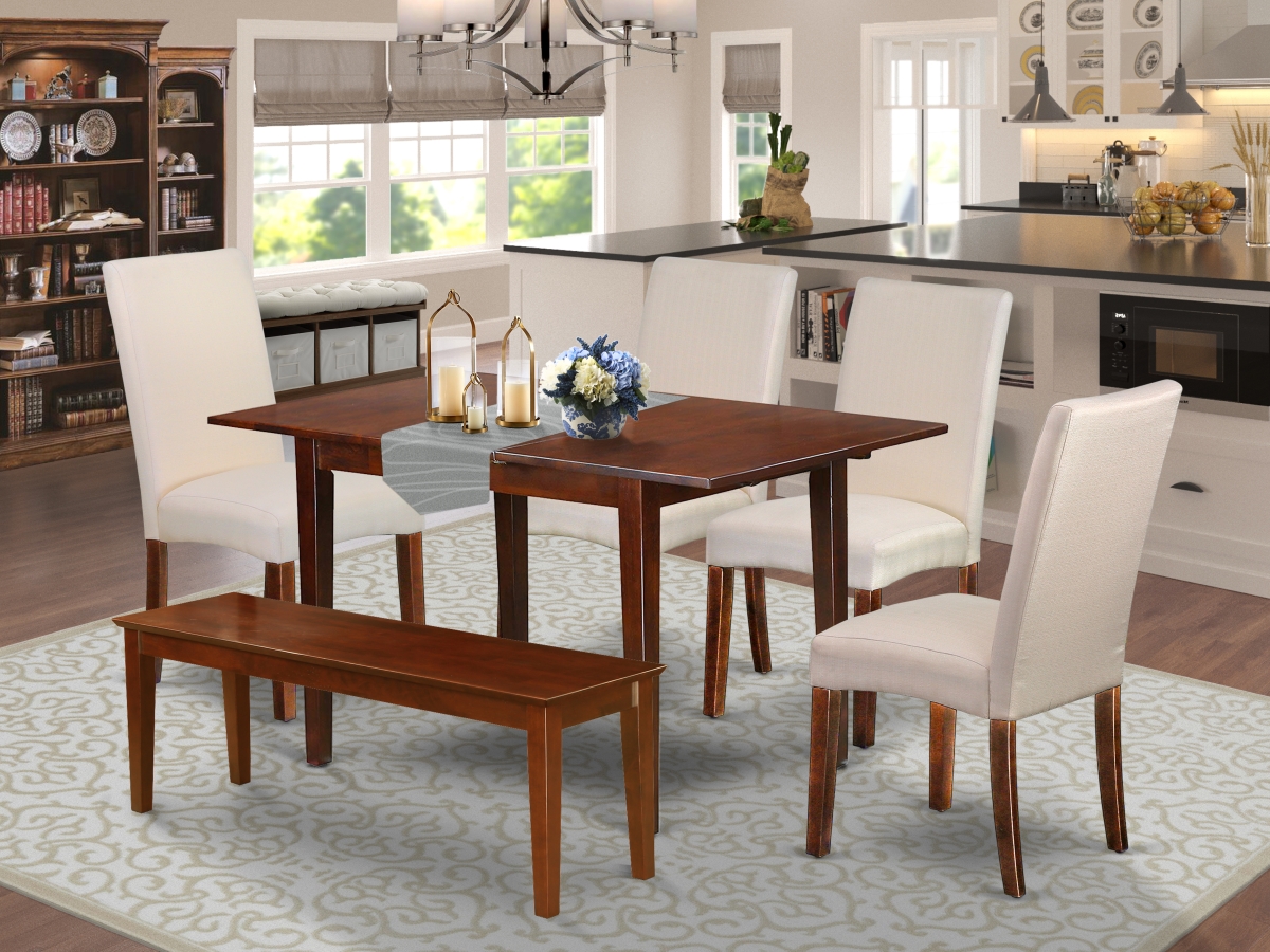 PSDR6C-MAH-01 48-60 in. Picasso Rectangle Dining Table & 4 Parson Chair with Mahogany Leg & Linen Fabric Plus 1 Bench - Cream, 7 Piece