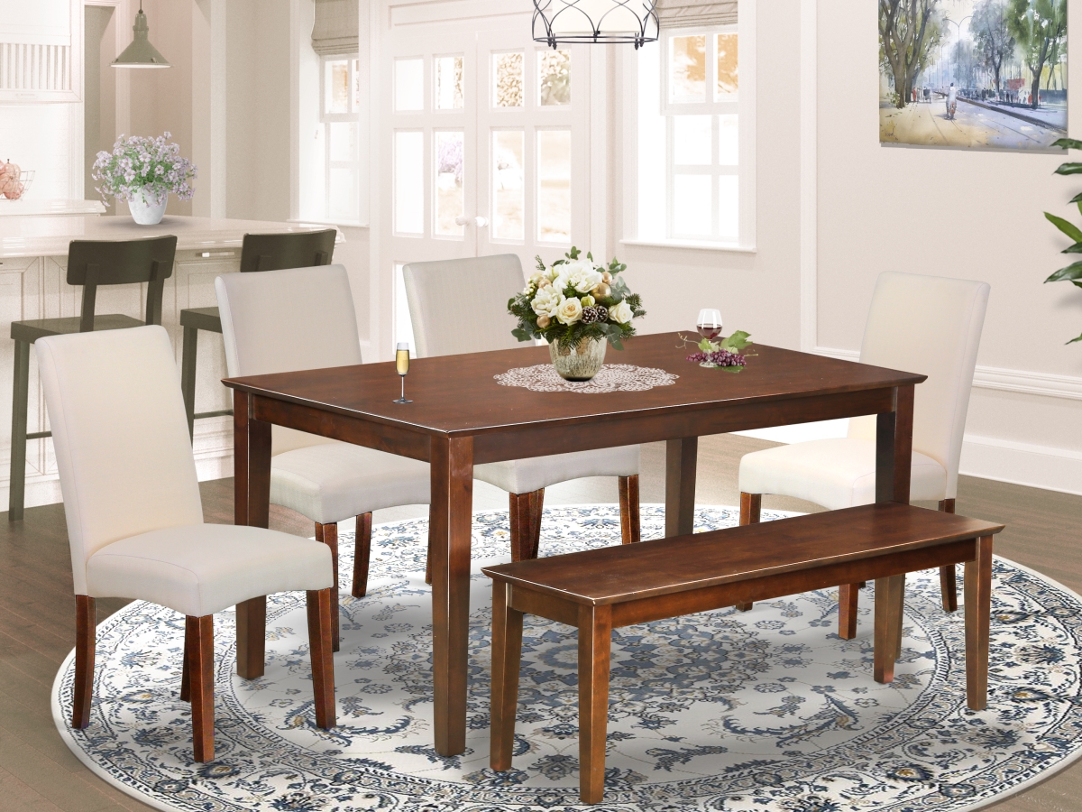 60 in. Capri Rectangular Table & Four Parson Chair with Mahogany Leg & Linen Fabric Plus 1 Bench - Cream, 6 Piece