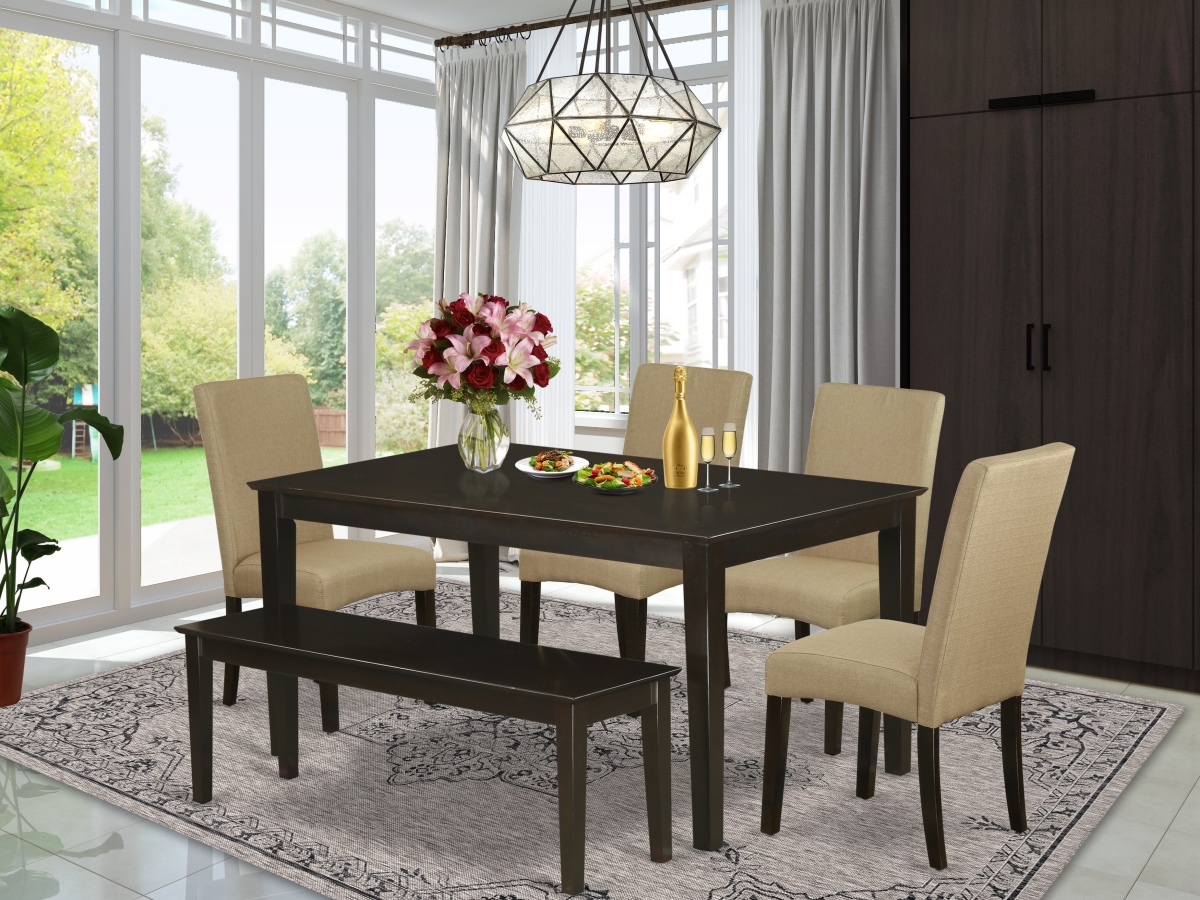 60 in. Capri Rectangular Table & Four Parson Chair with Cappuccino Leg & Linen Fabric Plus 1 Bench - Brown, 6 Piece