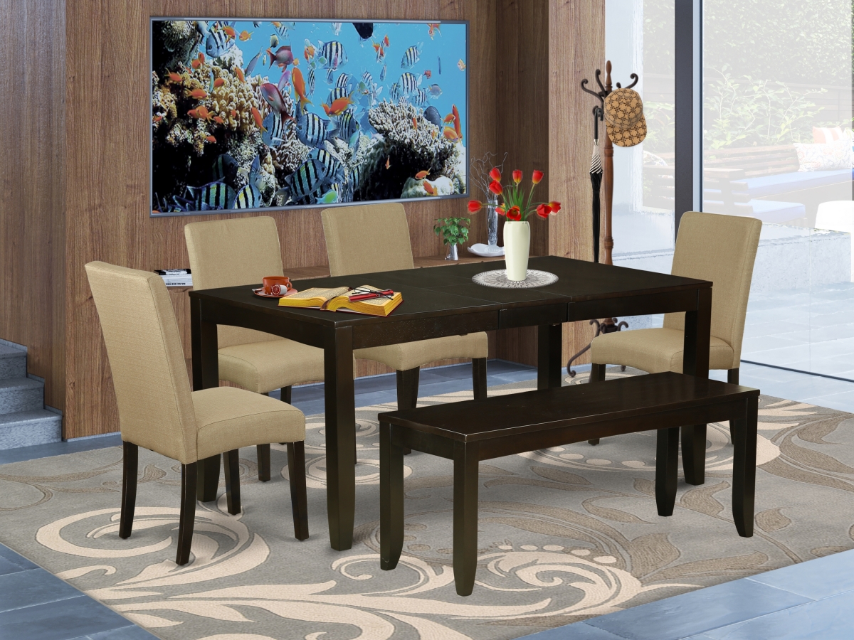 48-60 in. Lynfield Rectangular Table & Four Parson Chair with Cappuccino Leg & Linen Fabric Plus 1 Bench - Brown, 6 Piece