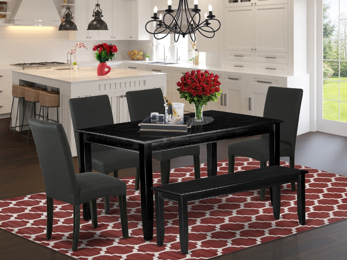 DUDR6-BLK-24 60 in. Dudley Rectangular Dining Table & Four Parson Chair with Black Leg & Linen Fabric Plus 1 Bench - Black, 6 Piece