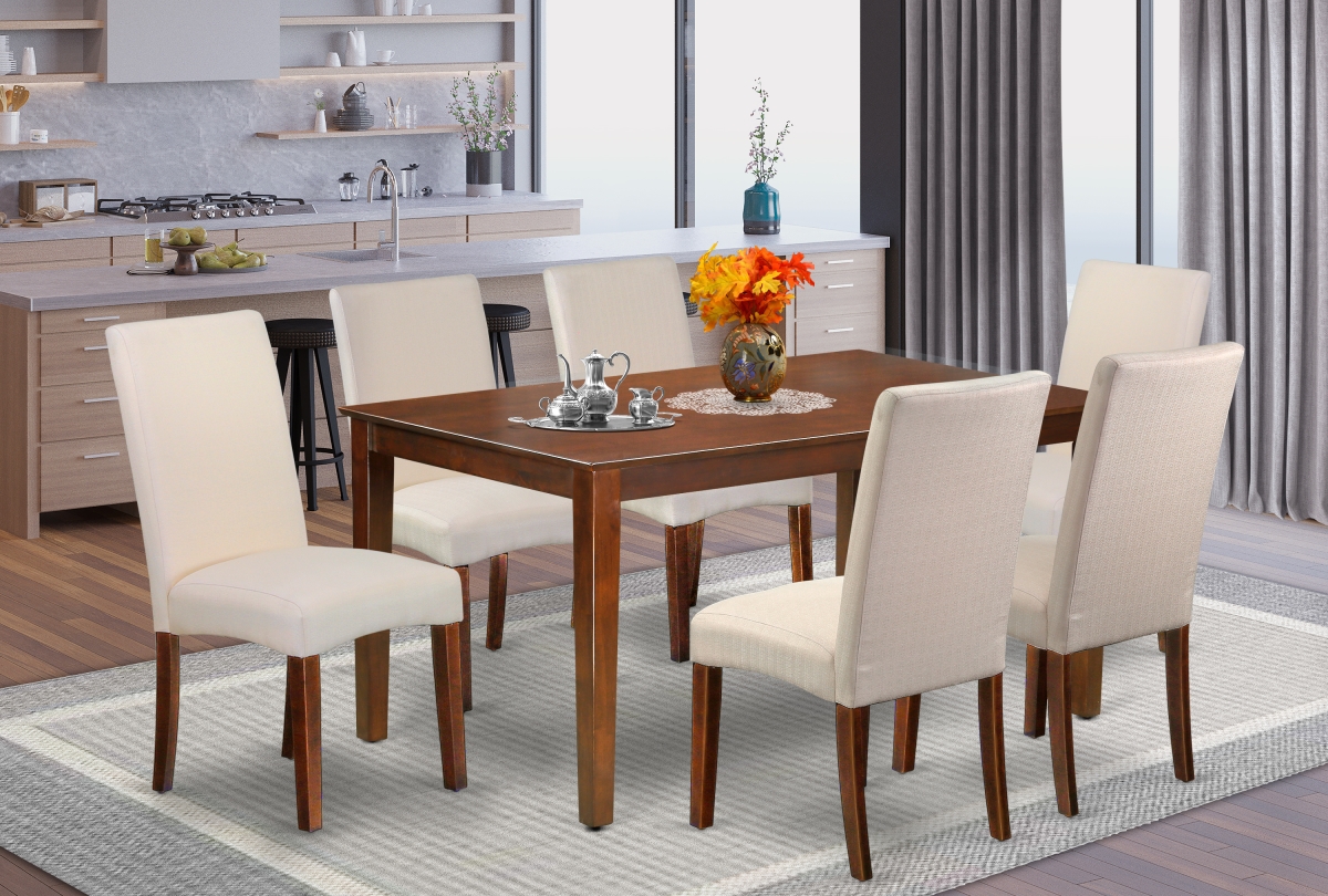60 in. Capri Rectangle Dining Table & 6 Parson Chair with Mahogany Leg & Linen Fabric - Cream, 7 Piece