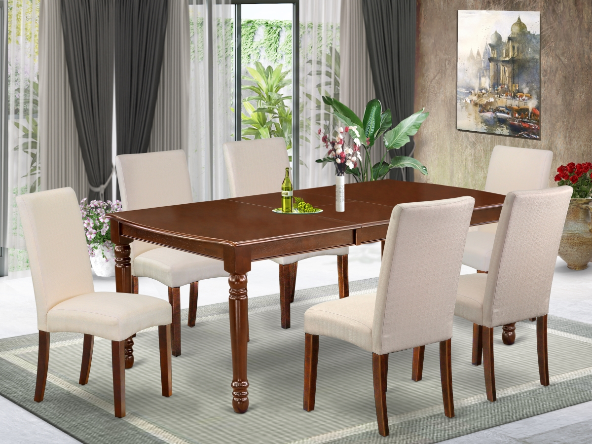 DODR7-MAH-01 60-78 in. Dover Rectangle Table with 18 in. Leaf & 6 Parson Chair with Mahogany Leg & Linen Fabric - Cream, 7 Piece