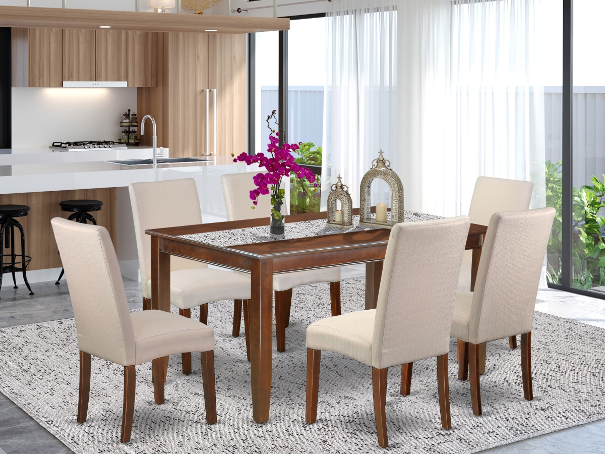 60 in. Dudley Rectangular Dining Table & Six Parson Chair with Mahogany Leg & Linen Fabric - Cream, 7 Piece