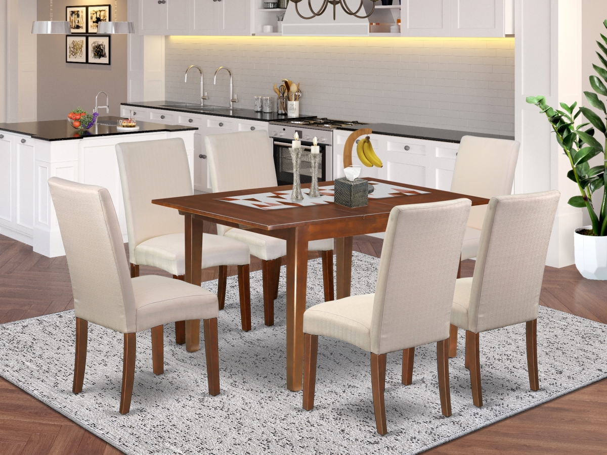 42-54 in. Milan Rectangle Dining Table & 6 Parson Chair with Mahogany Leg & Linen Fabric - Cream Plus, 7 Piece