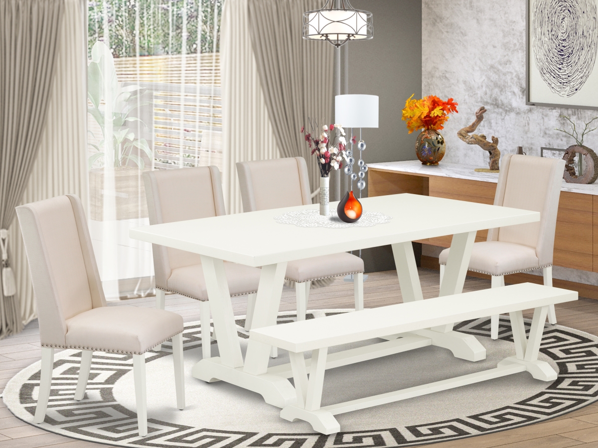 6 Piece V-Style Awesome Dining Table Set - Linen White