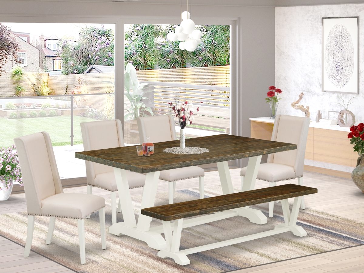 V077FL201-6 6 Piece V-Style Amazing Rectangular Dining Room Table Set - Linen White -  East West Furniture