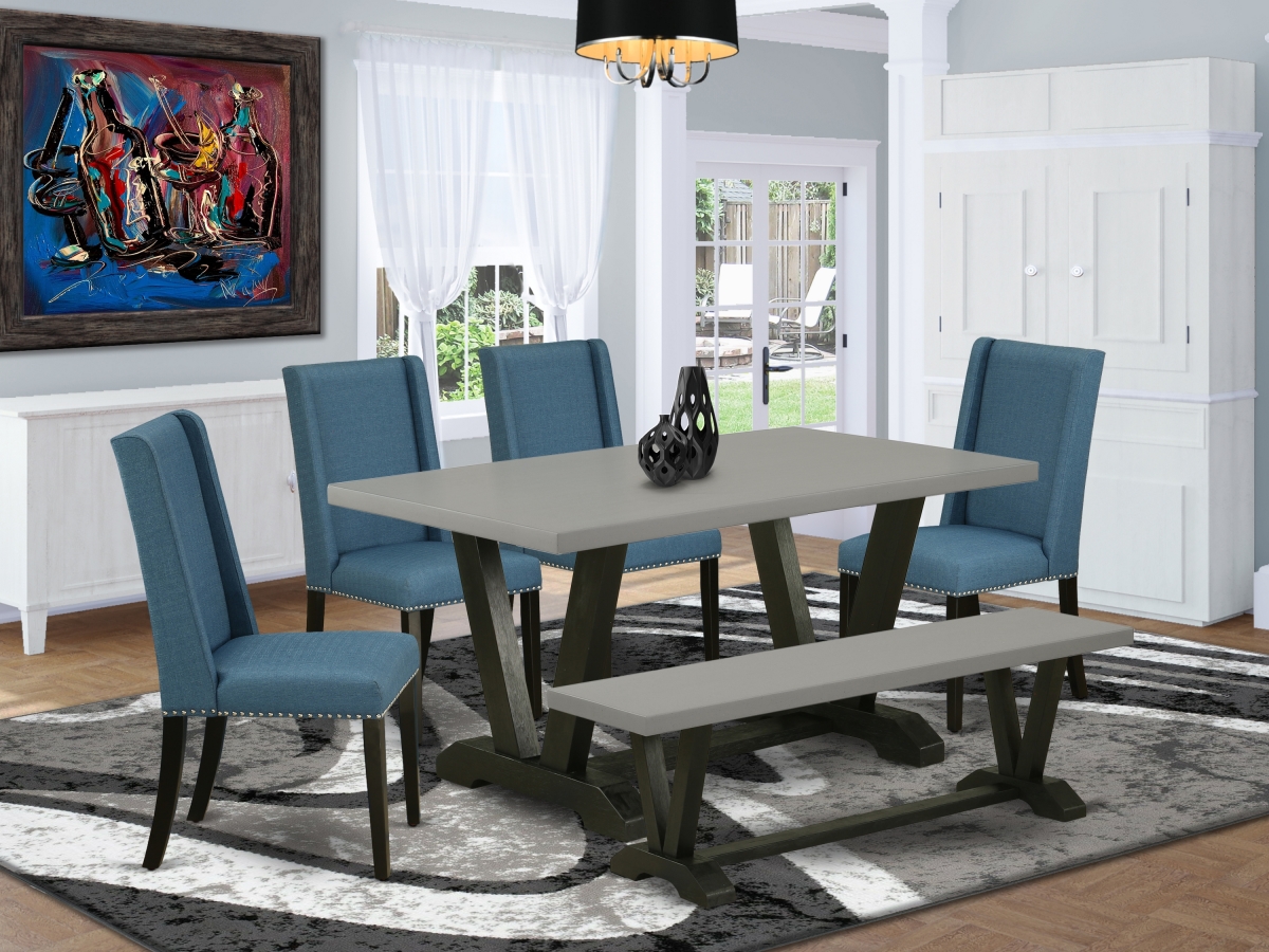 6 Piece V-Style Beautiful Modern Dining Table Set - Wire Brushed Black