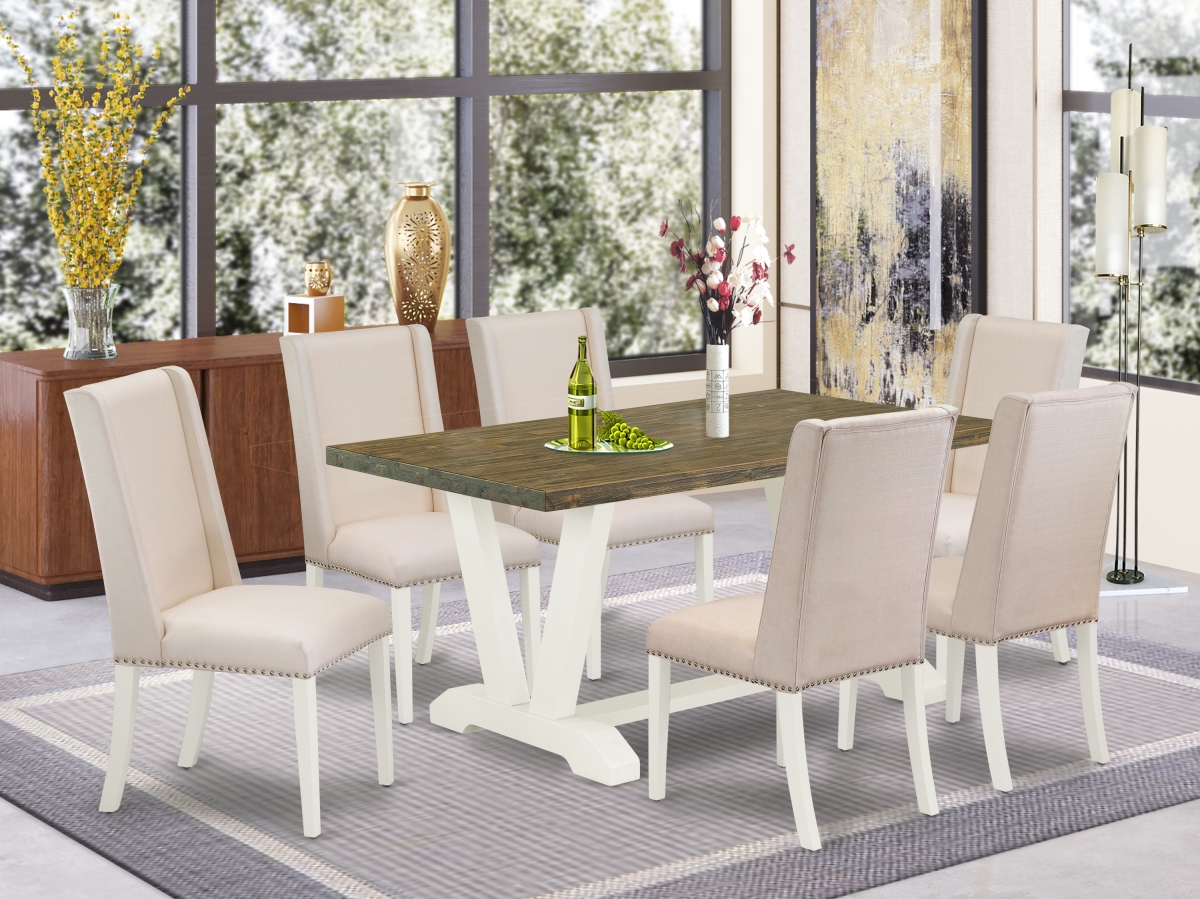 7 Piece V-Style Gorgeous Modern Dining Table Set - Cream, Distressed Jacobean & Linen White