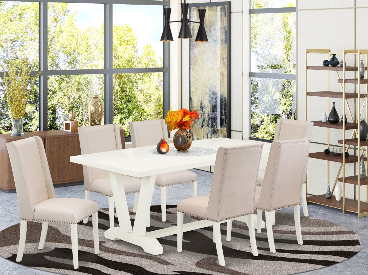 7 Piece V-Style Beautiful Dining Room Table Set - Cream & Linen White