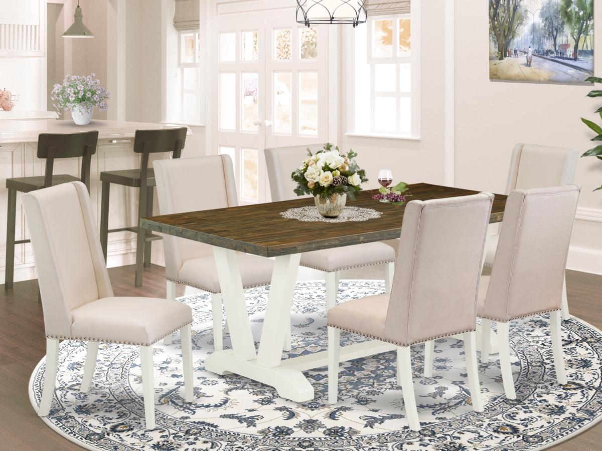 7 Piece V-Style Awesome Dining Set - Cream, Distressed Jacobean & Linen White