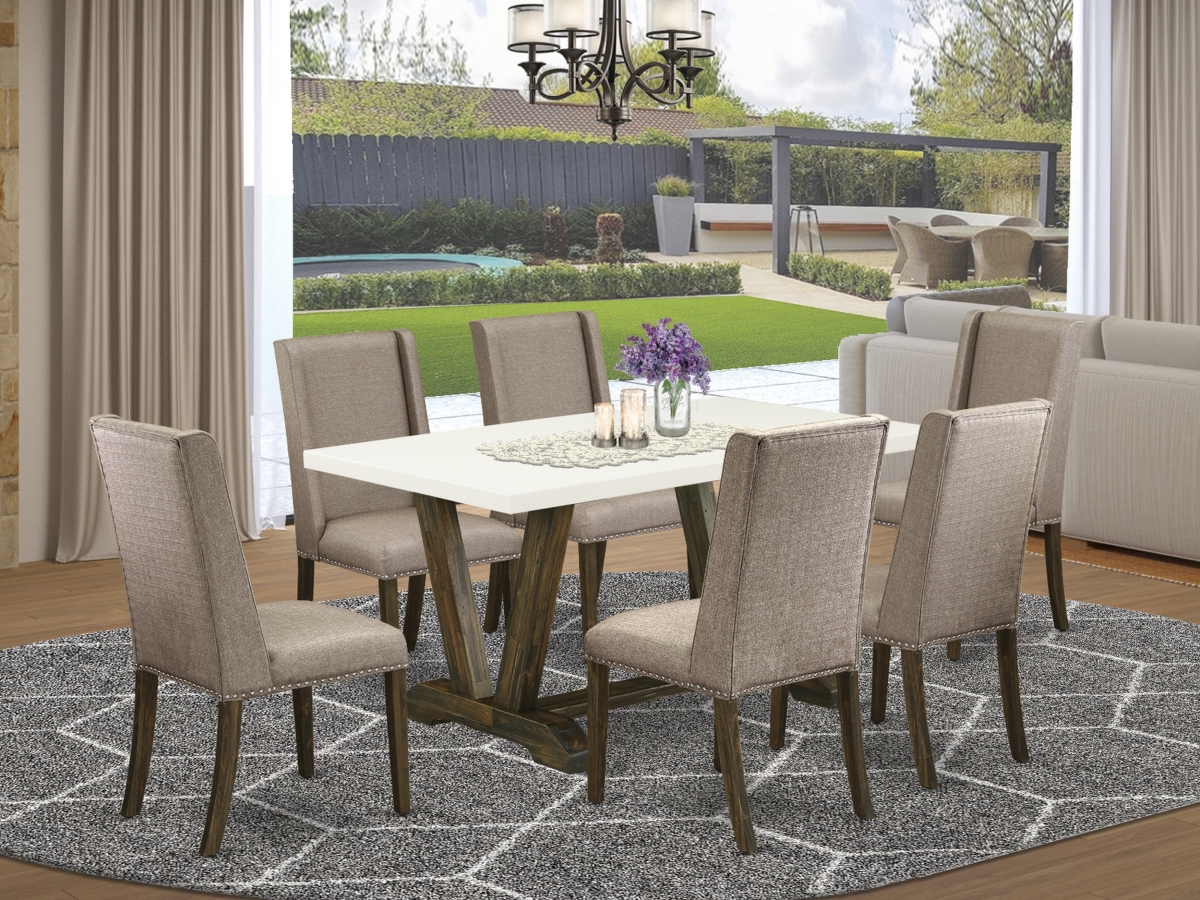 7 Piece V-Style Small Dining Table Set - Dark Khaki
