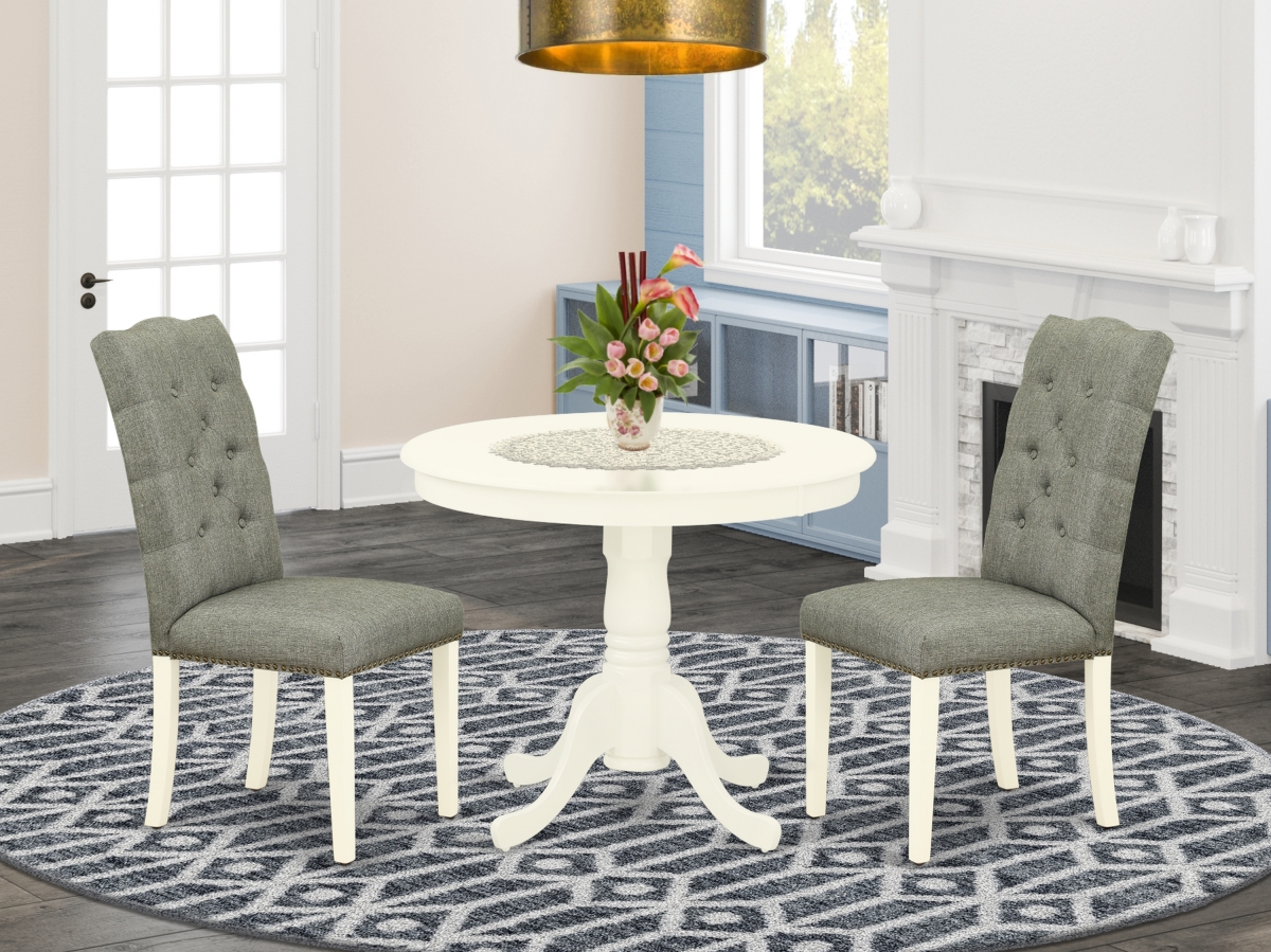 3 Piece Antique Round Dining Table Set - Smoke & Linen White