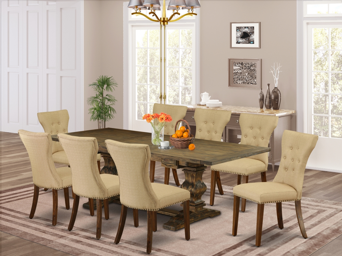 9 Piece Lassale Modern Dining Table Set - Distressed Jacobean, Antique Walnut & Brown