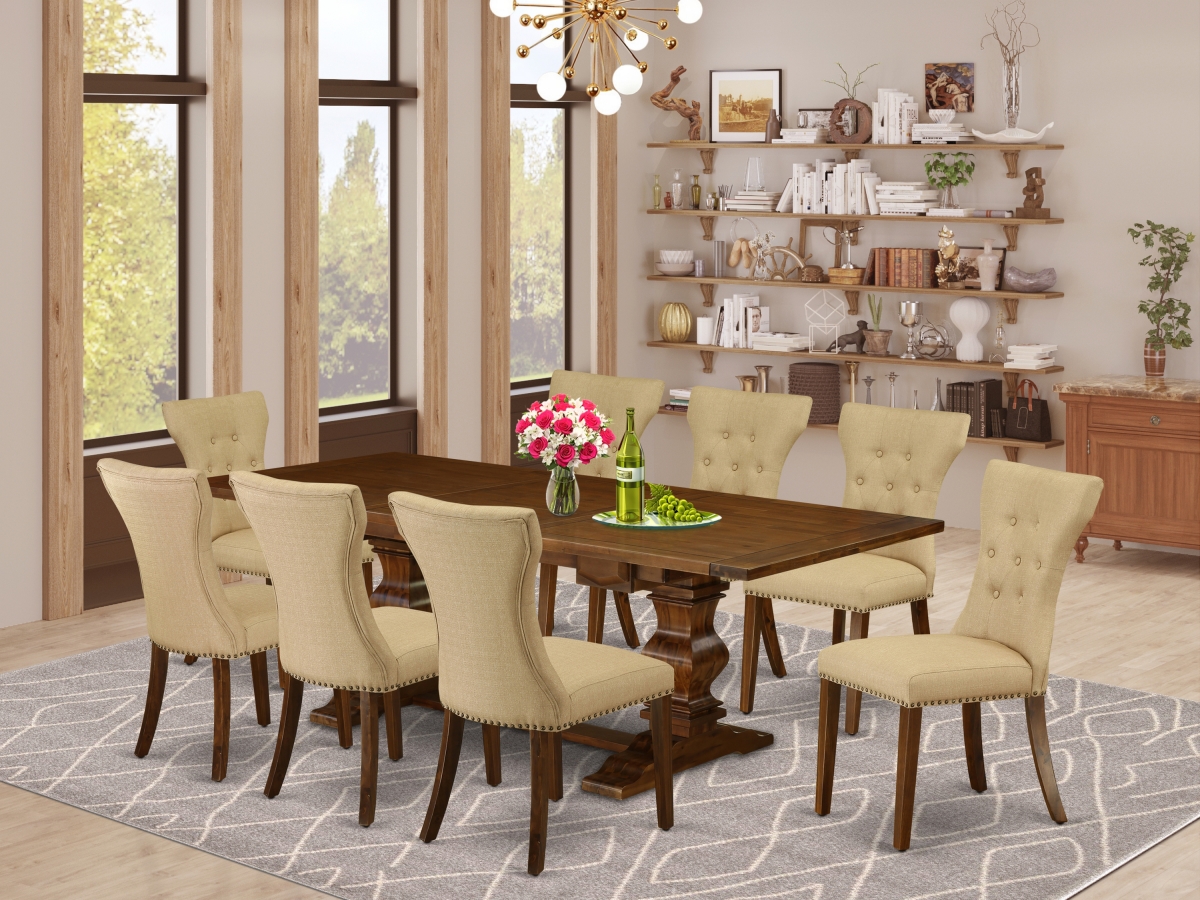 9 Piece Lassale Dining Table Set - Antique Walnut & Brown