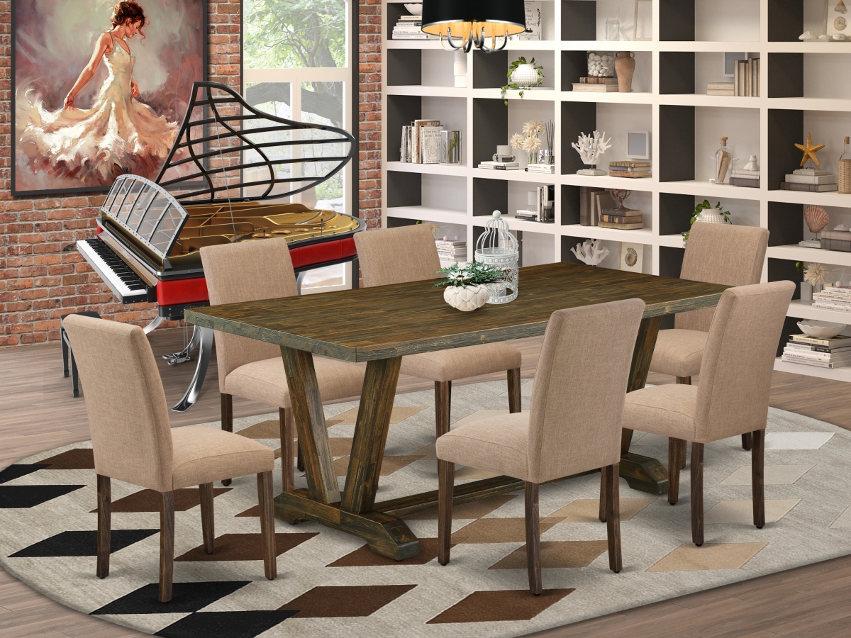 7 Piece V-Style Wooden Dining Table Set - Distressed Jacobean