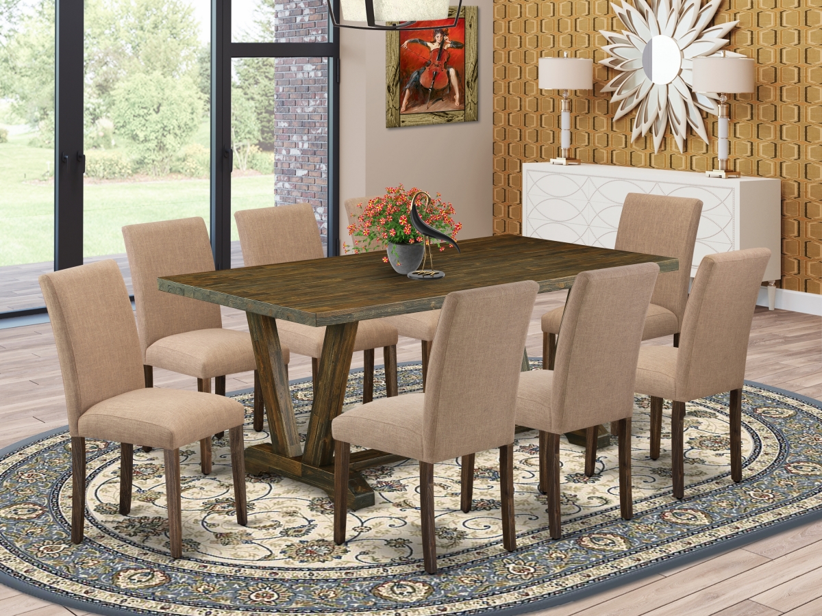 9 Piece V-Style Modern Dining Table Set - Distressed Jacobean