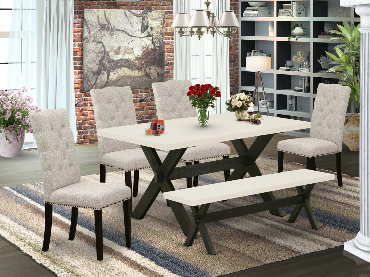 X626EL635-6 Dining Room Table Set, Multi-Color - Doeskin Linen Fabric Seat & Button Tufted Chair Back Parson Chairs - 6 Piece