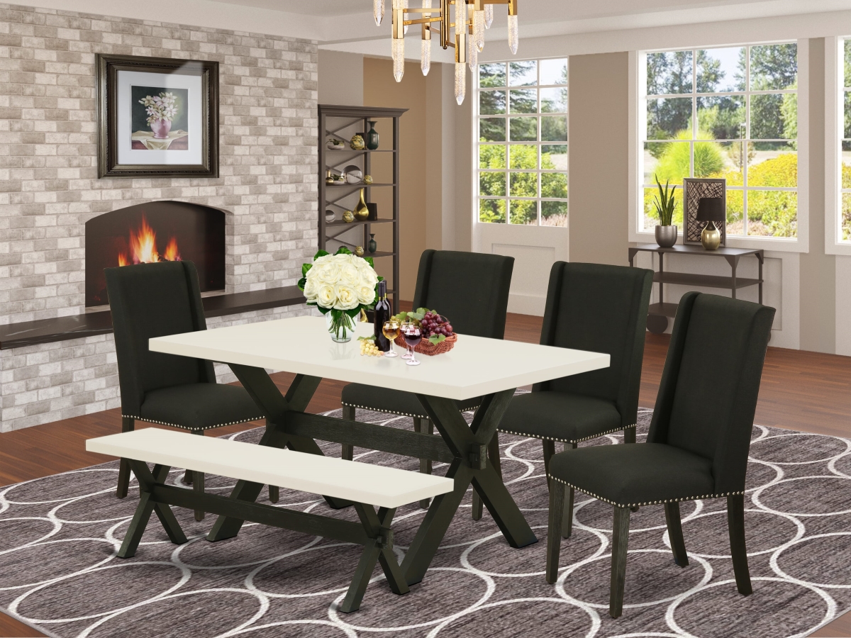 X626FL624-6 Dining Table with Solid Wood Legs, Multi-Color - Black Linen Fabric Seat & High Stylish Chair Back Parson Chairs - 6 Piece