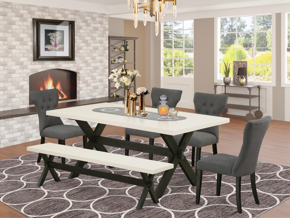 X627GA650-6 Dinette Set, Multi-Color - Dark Gotham Gray Linen Fabric Seat & Button Tufted Chair Back Kitchen Chairs - 6 Piece