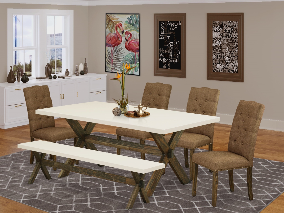 X727EL718-6 Dinette Set, Multi-Color - Brown Beige Linen Fabric Seat & Button Tufted Chair Back Kitchen Parson Chairs - 6 Piece