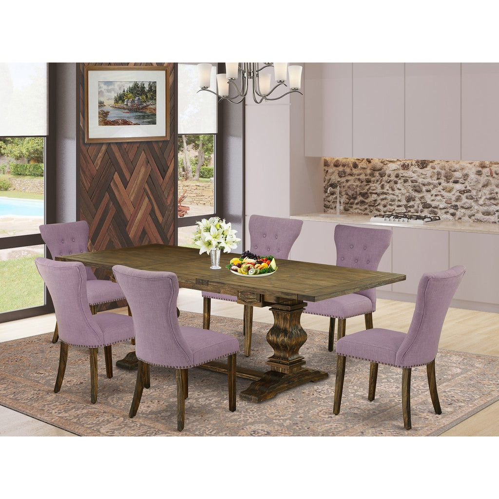 ALAGA7-77-40 Kitchen Table & Chairs with Brown Oak Finish Chairs Legs & Brown Green Linen Fabric Farmhouse Chairs, Distressed Jacobean - Set of 6