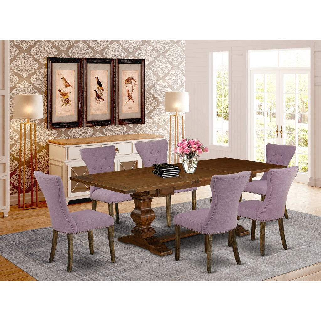 ALAGA7-87-40 Kitchen Table Set with Brown Oak Finish Chairs Legs & Brown Green Linen Fabric Kitchen Table Chairs, Antique Walnut - 7 Piece