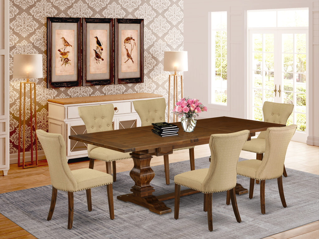 ALAGA7-88-03 Dining Room Table Set with Brown Oak Finish Chairs Legs & Light Beige Linen Fabric Dining Chairs, Antique Walnut - 7 Piece
