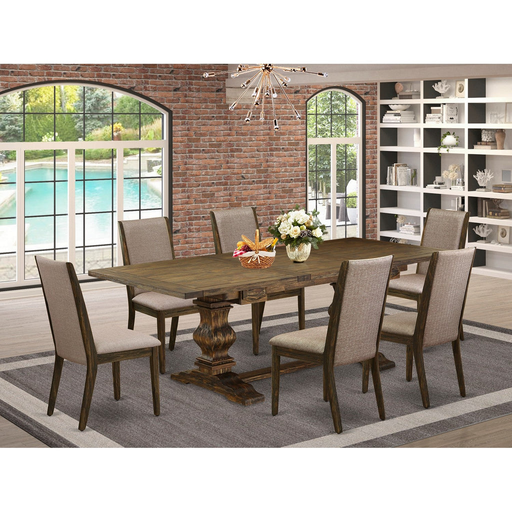 ALALA7-77-16 Dining Set with Dark Oak Finish Chairs Legs & Light Sable Linen Fabric Dining Room Chairs, Distressed Jacobean - 7 Piece