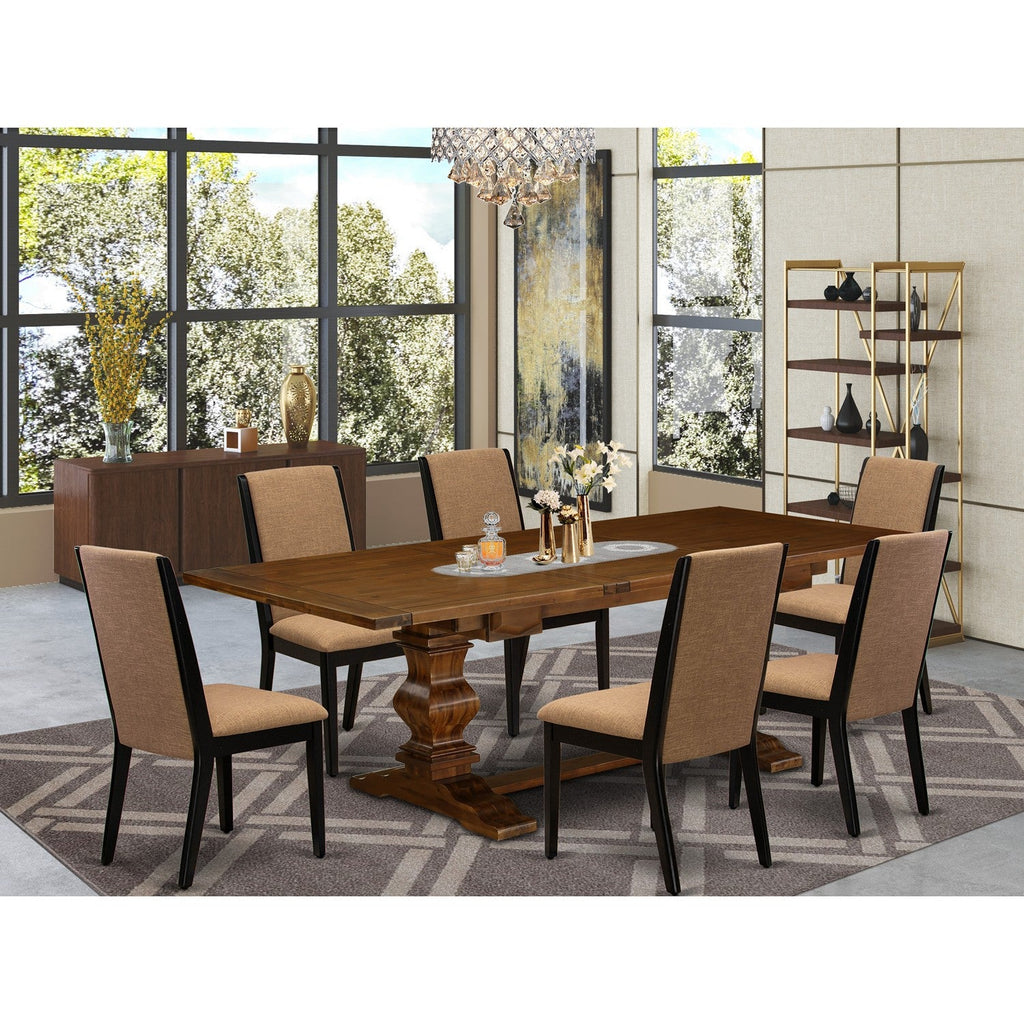 ALALA7-81-47 Kitchen Table & Chairs with Oak Finish Chairs Legs & Gray Linen Fabric Parson Dining Chairs, Antique Walnut - 7 Piece