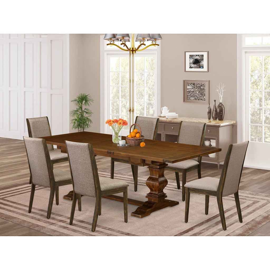 ALALA7-87-16 Dinette Set with Dark Oak Finish Chairs Legs & Light Sable Linen Fabric Farmhouse Chairs, Antique Walnut - 7 Piece