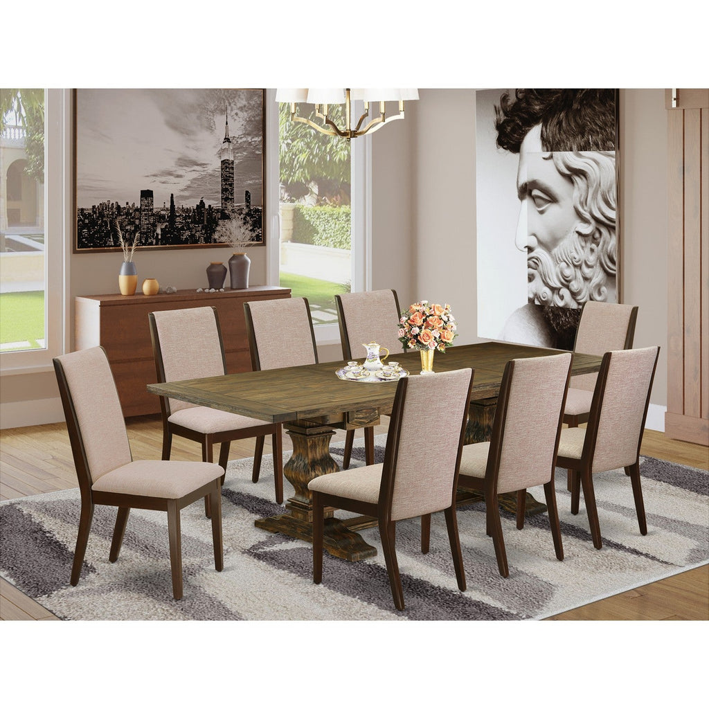 ALALA9-73-04 Dinette Set with Brown Oak Finish Chairs Legs & Light Beige Linen Fabric Farmhouse Dining Chairs, Distressed Jacobean - 9 Piece