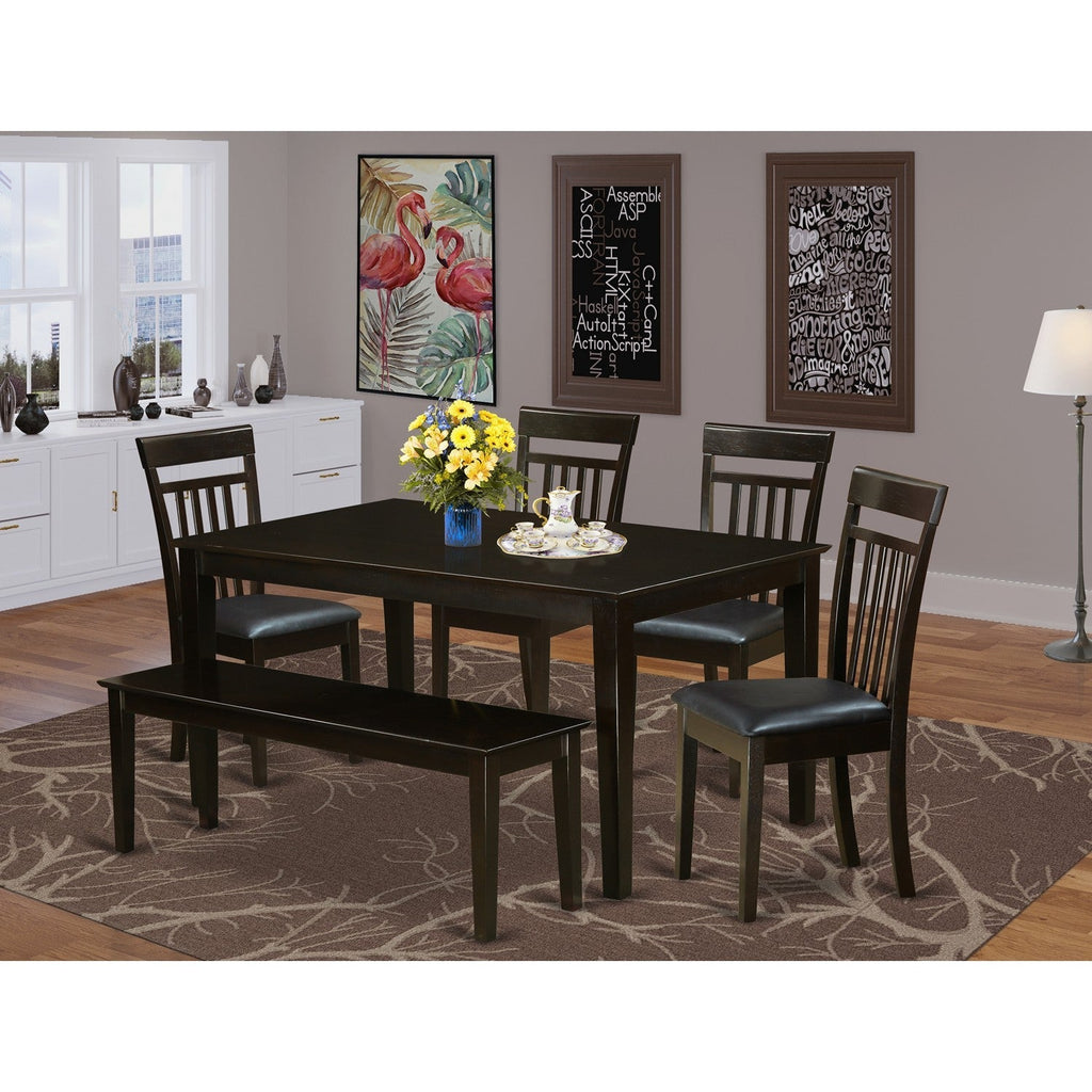 ACAP6S-CAP-LC Dining Room Table Set with PU Leather Dining Chairs Seat, Cappuccino - Small Dining Table & Dining Bench - 6 Piece