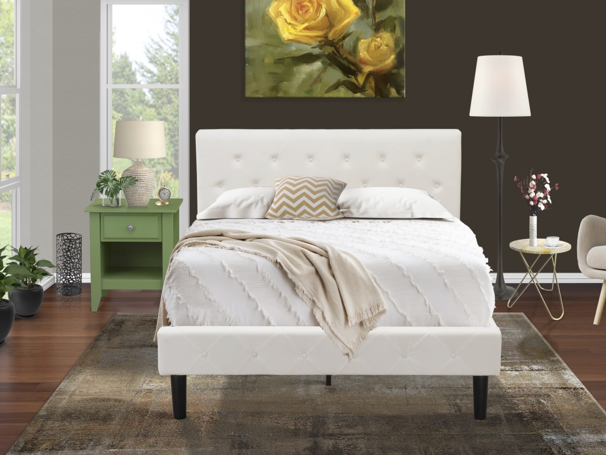 NL19F-1GA12 Full Bed Set, White Velvet - 1 Full Bed Linen white Velvet Fabric Headboard & 1 Bedroom Nightstand - 2 Piece
