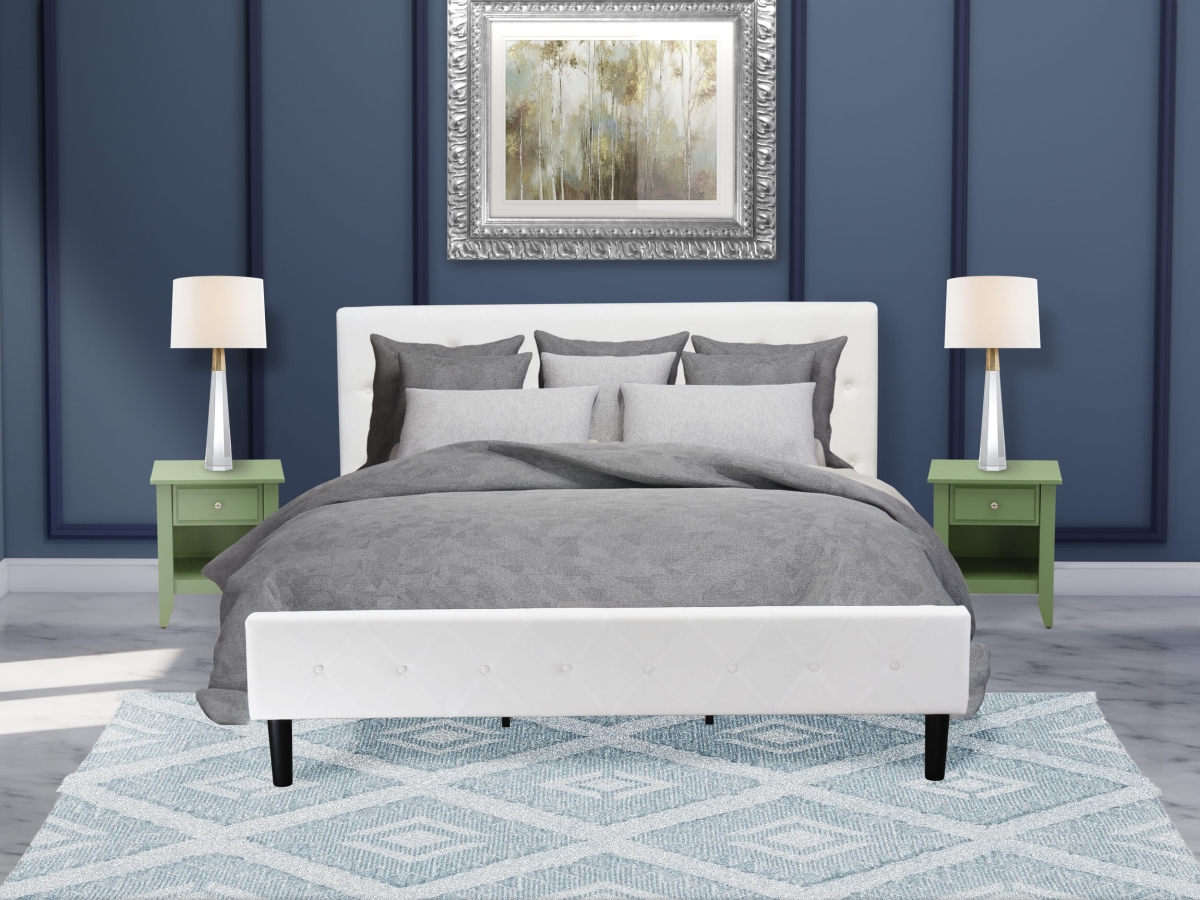 NL19K-2GA12 Bed Set, White Velvet - 1 King Size Bed Linen white Velvet Fabric Headboard & 2 Wood Nightstands - 3 Piece