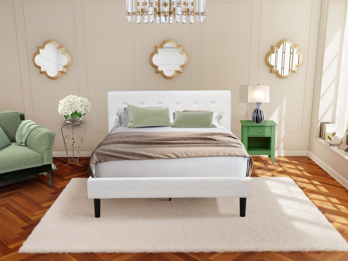 NL19Q-1GA12 Bedroom Set, White Velvet - 1 Platform Bed Linen White Velvet Fabric Headboard & 1 Nightstand - 2 Piece