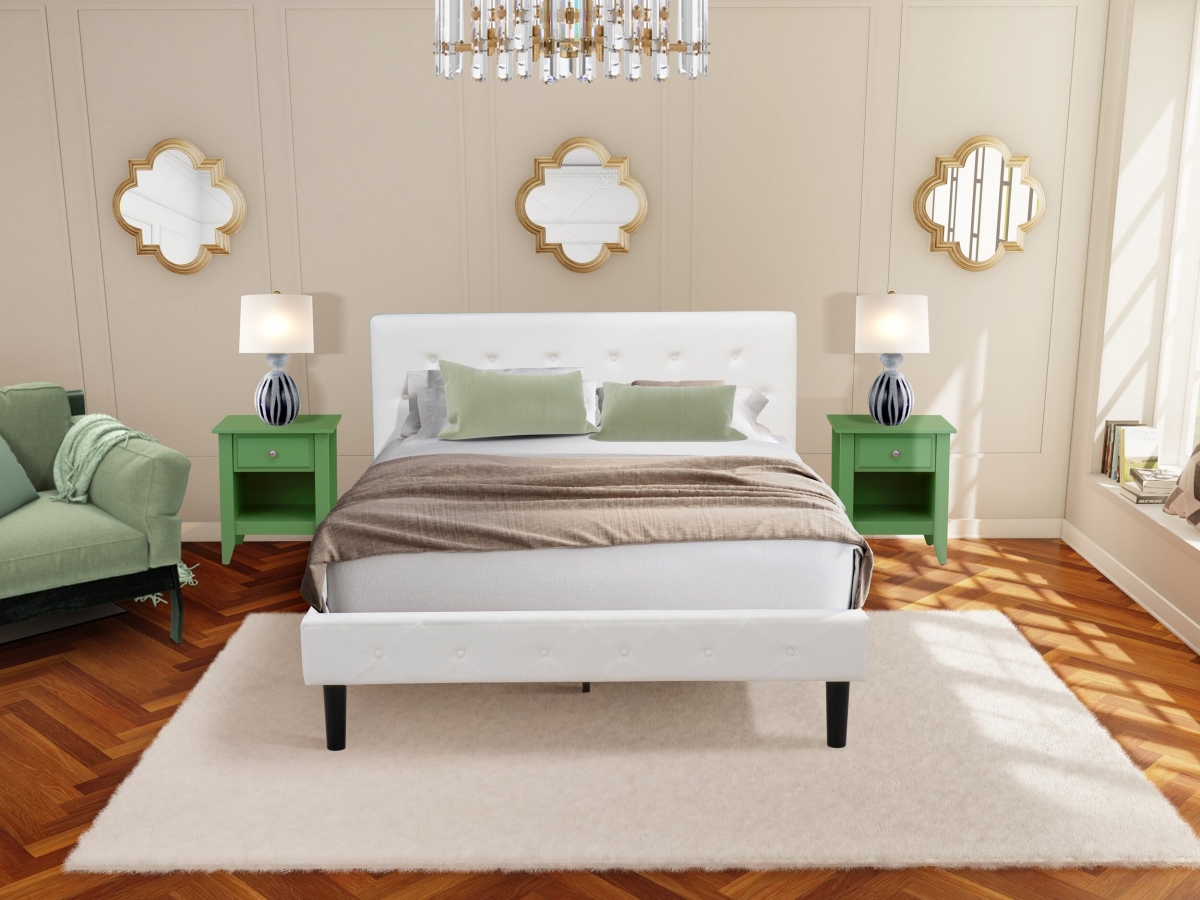 NL19Q-2GA12 Queen Bed Set, White Velvet - 1 Queen Bed Linen white Velvet Fabric Headboard & 2 Small Nightstand - 3 Piece