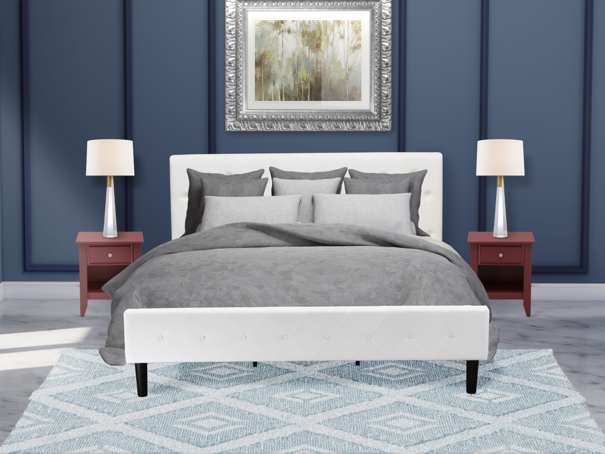 NL19K-2GA13 Bed Set, White Velvet - 1 Platform Bed Linen White Velvet Fabric Headboard & 2 Nightstand - 3 Piece