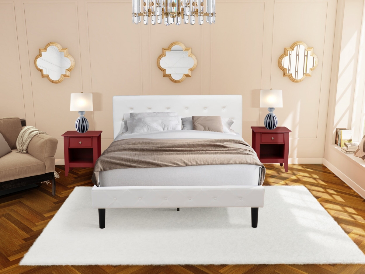 NL19Q-2GA13 Queen Bed Set, White Velvet - 1 Wooden Bed Linen white Velvet Fabric Headboard & 2 Wood Nightstand - 3 Piece