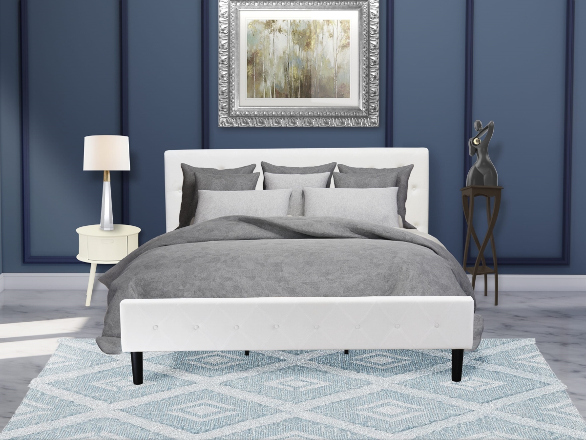 NL19K-1GO05 King Bed Set, White Velvet - 1 Platform Bed Linen White Velvet Fabric Headboard & 1 Nightstand - 2 Piece