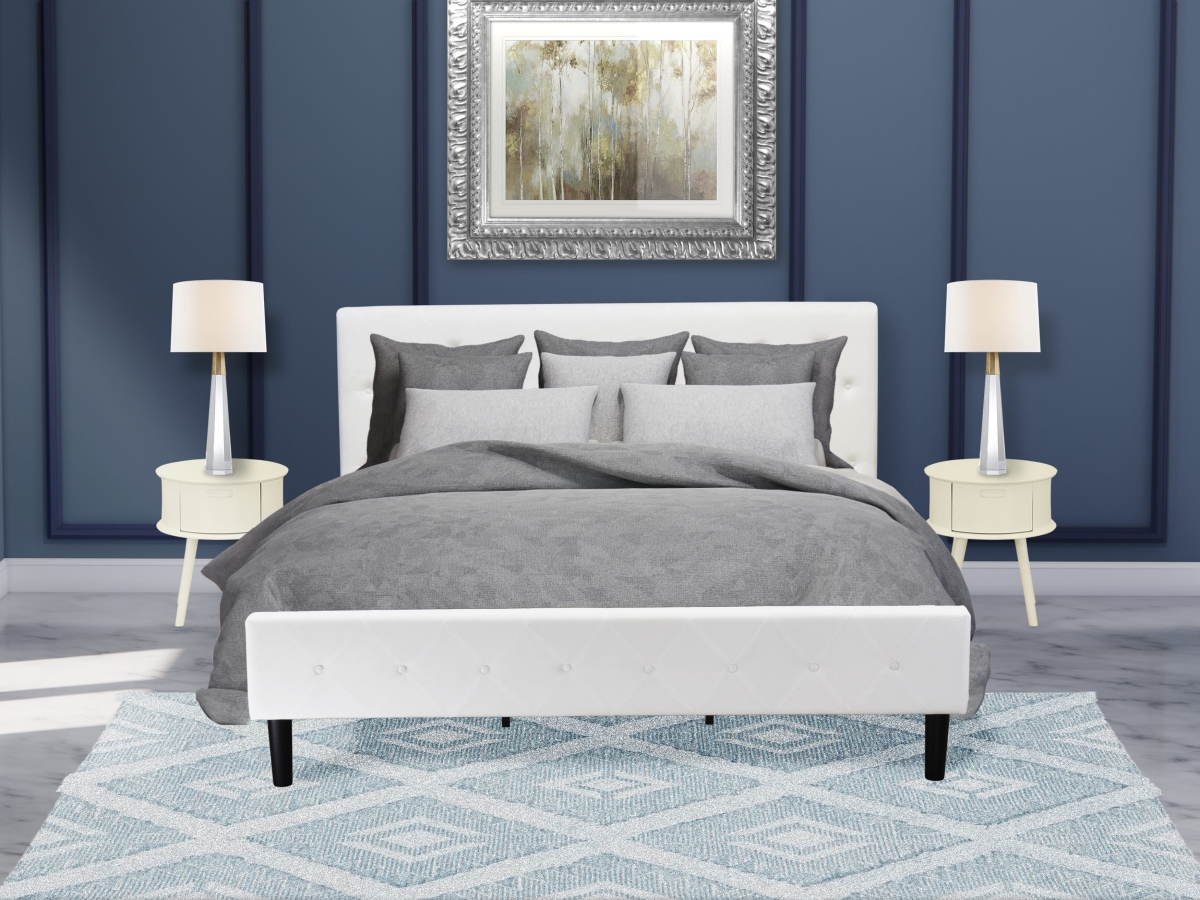 NL19K-2GO05 Bed Set, White Velvet - 1 King Bed Linen White Velvet Fabric Headboard & 2 Mid Century Nightstand - 3 Piece