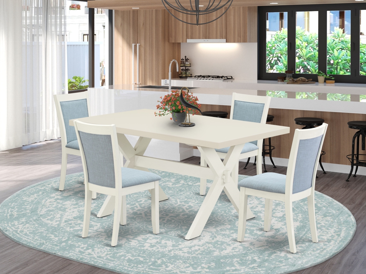 X026MZ015-5 Dining Room Table Set Contains A Dining Table & 4 Baby Blue Padded Chairs, Multi-Color - Wire Brushed Linen White Finish - 5 Piece