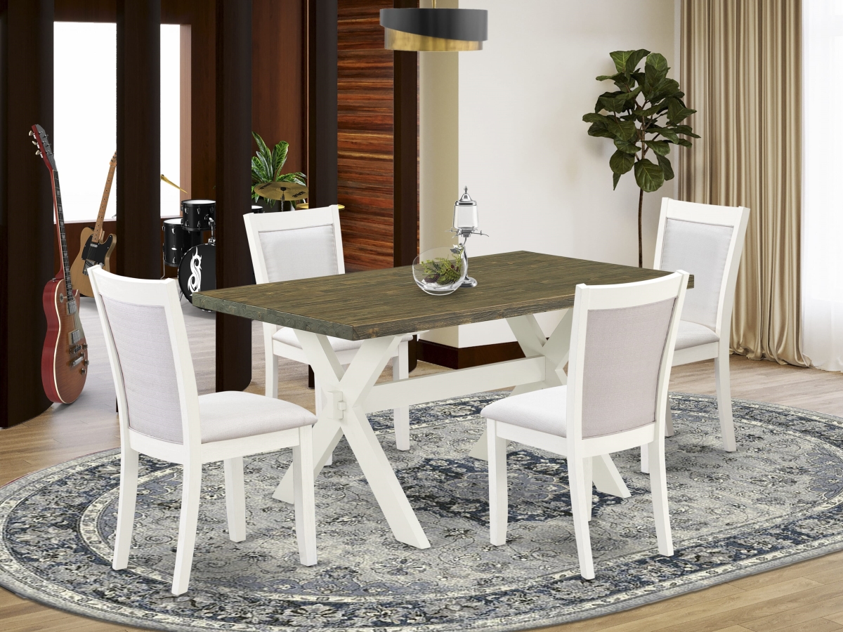 X076MZ001-5 Dining Set with A Wooden Dining Table & 4 Cream Dining Chairs, Multi-Color - Wire Brushed Linen White Finish - 5 Piece
