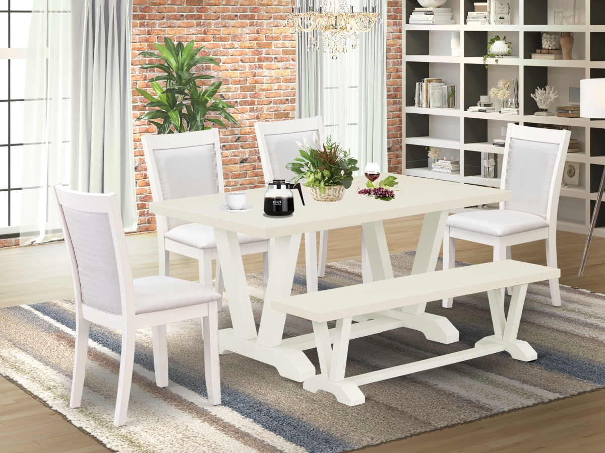 V026MZ001-6 Table Set Contains A Dining Table, Multi-Color - 4 Cream Dining Chairs & A Wood Bench - 6 Piece